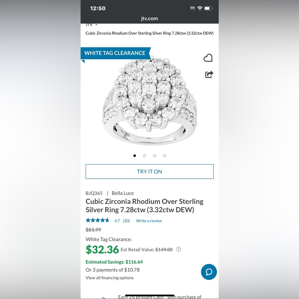 JTV 6+ carat cluster cocktail ring NIB Size 7